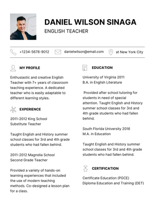 Free  Template: Black White Clean Sample English Teacher Resume Template