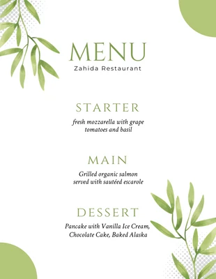 Free  Template: White And Green Simple Elegant Restaurant Menu