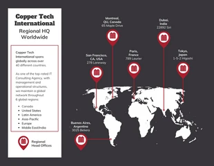 Free  Template: Tech Company Regional HQ World Map Chart Template