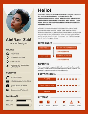 Free  Template: Red Cream Interior Designer Resume Template