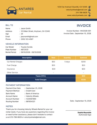 business  Template: Yellow Navy Blue Car Rental Invoice Template