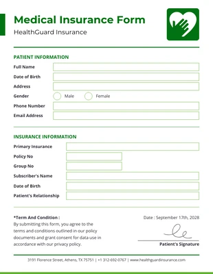 Free  Template: Medical Insurance Form Template