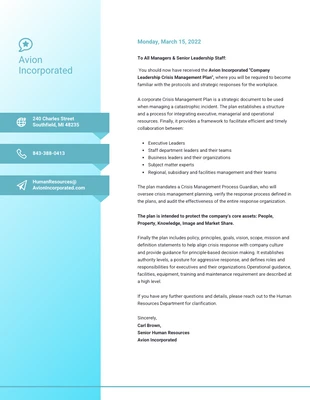 Free  Template: Human Resources Crisis Management Plan Letterhead