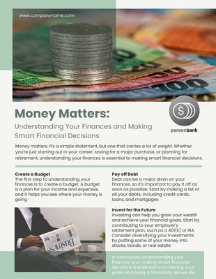 Free  Template: Turquoise Minimalist Money Matters Newsletter Template