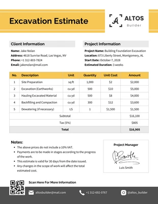 Free  Template: Excavation Estimate Template