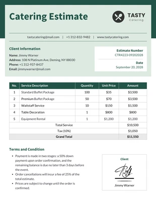 Free  Template: Catering Estimate Template