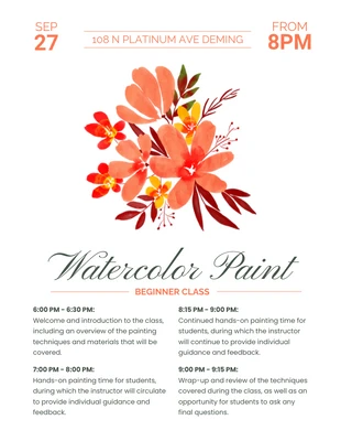 Free  Template: Watercolor Paint Beginner Class Schedule Flyer Template