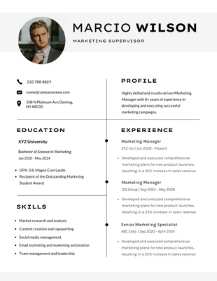 Free  Template: Black White Simple Marketing Resume Template