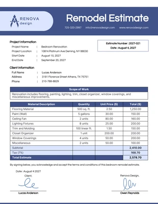 premium  Template: Bedroom Remodel Estimate Template