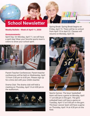 Free  Template: White Red School Newsletter Template