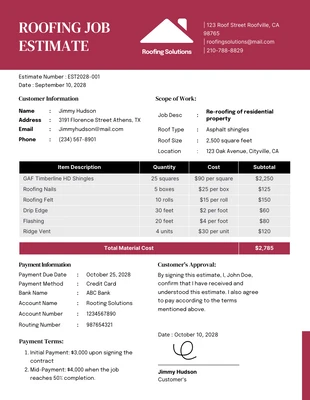 Free  Template: Minimalist Roofing Job Estimate Template