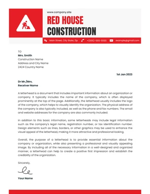 Free  Template: White And Red Clean Construction Letterhead Template