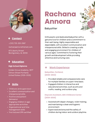 Free  Template: Pink White Floral Babysitter Resume Template