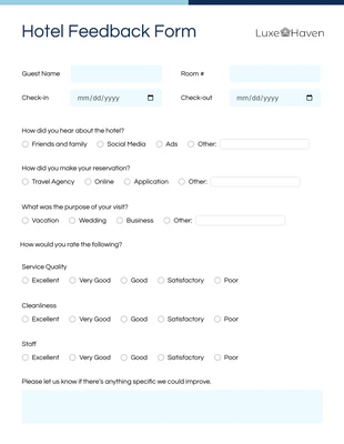 Free interactive Template: Blue and White Clean Minimalist Hotel Feedback Forms