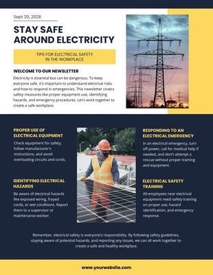 Free  Template: Yellow Purple Electrical Safety Newsletter Template