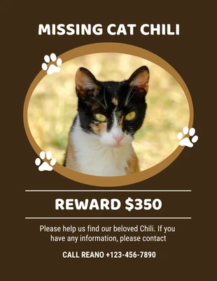 Free  Template: Missing Cat Reward Flyer Template