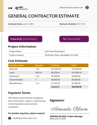 premium  Template: General Contractor Estimate Template