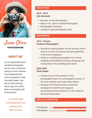 Free  Template: Orange White Photographer Resume Template