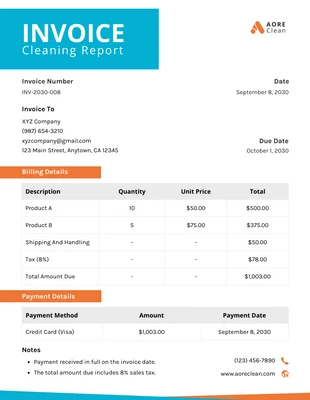 premium  Template: White Blue Orange Cleaning Report Invoice Template