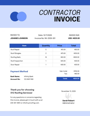 Free  Template: Sky Blue Contractor Invoice Template