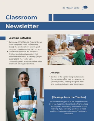 Free  Template: Cream Blue Modern Design Classroom Newsletter Template