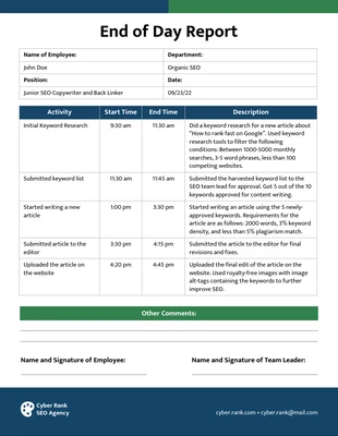 Free  Template: End of Day Report Template