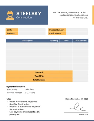 business  Template: Minimalist Blue Yellow Construction Invoice Template