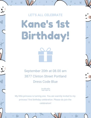 Free  Template: White And Blue Playful Cute Illustration Rabbit 1st Birthday Invitation