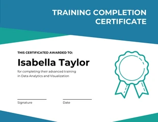 Free  Template: Teal Blue Simple Training Design Completion Certificate Template