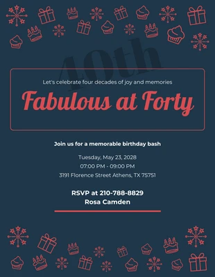 Free  Template: Navy And Red Dark 40Th Birthday Invitation