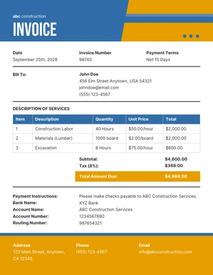 Free  Template: Blue Yellow Construction Invoice Template