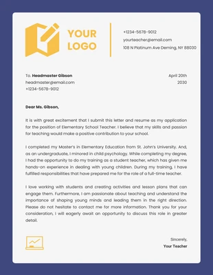 Free  Template: Blue And Yellow Minimalist Business Professional Teacher Letterhead