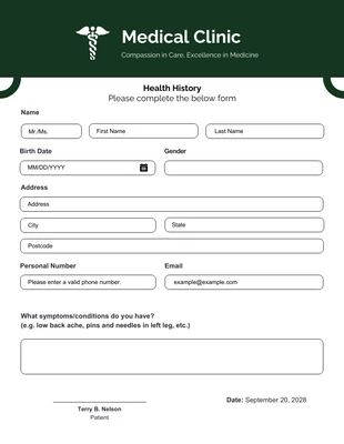 Free  Template: Simple Medical Health History Form Template