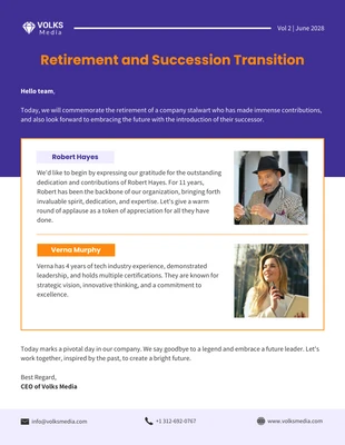 business  Template: Retirement and Succession Transition Email Newsletter