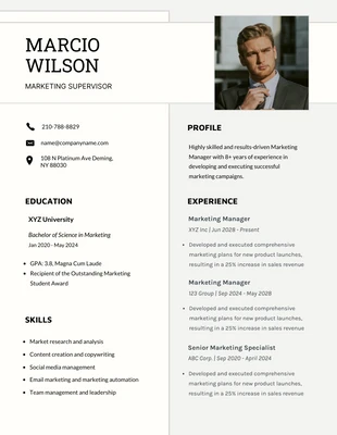 Free  Template: White Cream Marketing Supervisor Resume Template