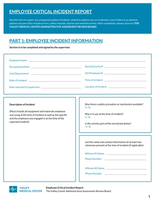 premium  Template: Sample Employee Critical Incident Report Template