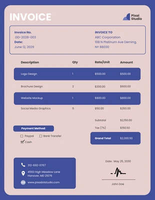 Free  Template: Digital Studio Graphic Design Invoice Template