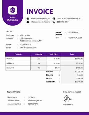 Free  Template: Purple White Simple Commercial Invoice Template