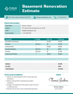 Free  Template: Basement Renovation Estimate Template