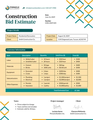 business  Template: Construction Bid Estimate Template