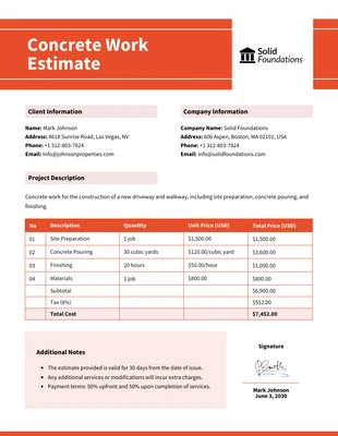 business  Template: Concrete Work Estimate Template