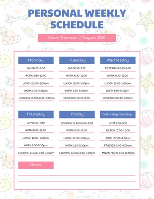 Free  Template: Summer Personal Weekly Schedule