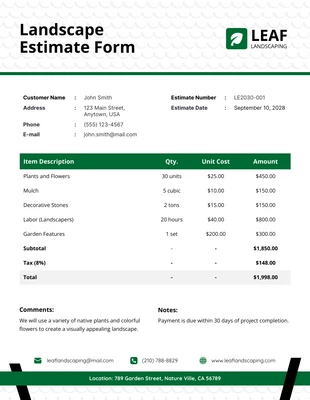 business  Template: Minimalist Landscape Estimate Form Template