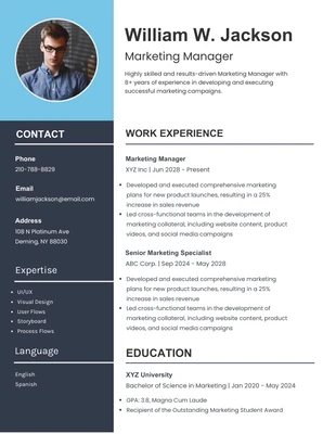 Free  Template: Blue White Modern Marketing Manager Resume Template