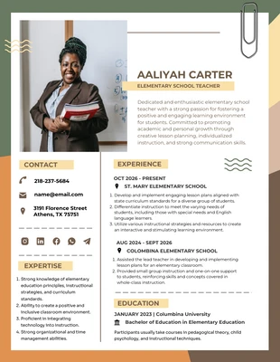 Free  Template: Simple Elementary Class Teacher Resume Template