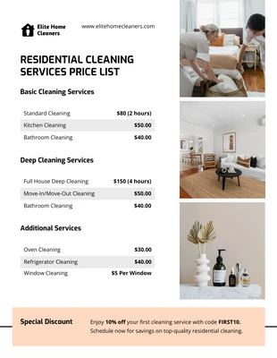 Free  Template: Residential Cleaning Services Price List Template