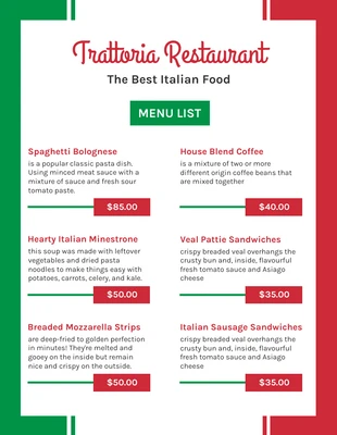 Free  Template: Green And Red Simple Modern Italian Restaurant Menu