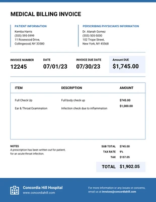 business  Template: Hospital Medical Billing Invoice Template