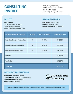 Free  Template: Simple Consultation Invoices for Client Billing Template