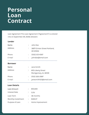 Free  Template: Tosca White Personal Loan Contract Template